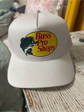 Bass Pro Shops White Trucker Hat with Yellow Logo and Green Fish